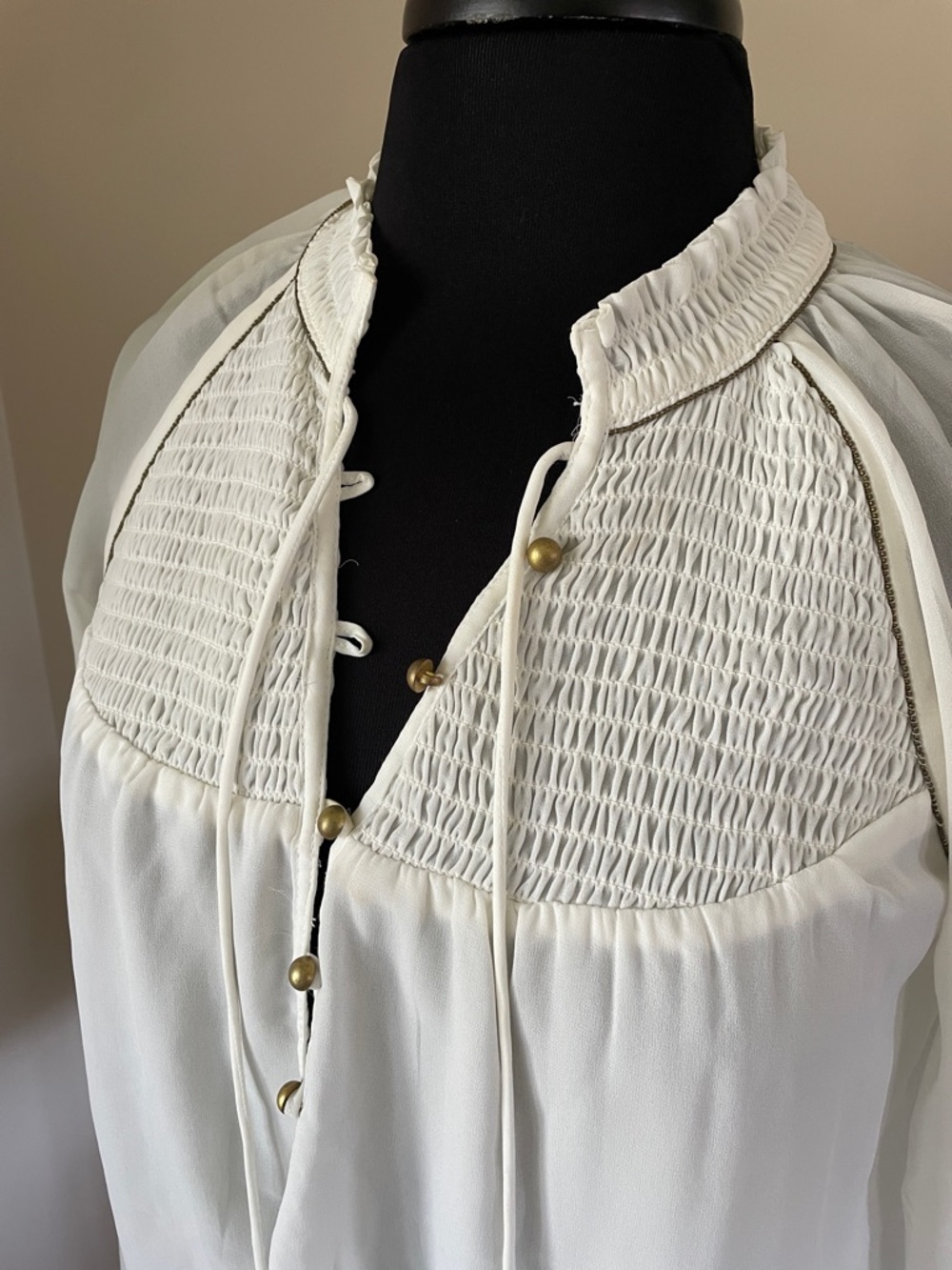 Abercrombie & Fitch White Smocked Yoke Tie-Front Blouse - Picture 2 of 4